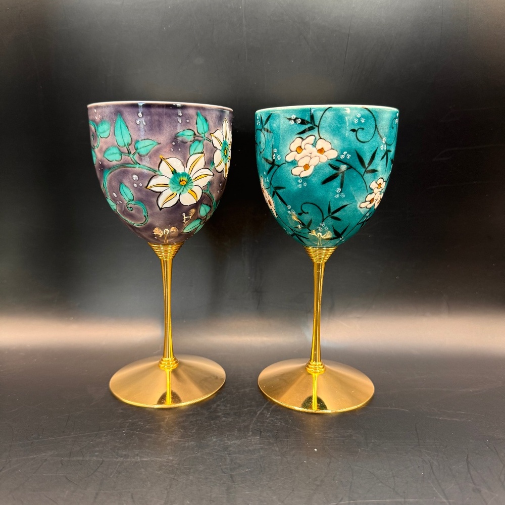 Pair of Kutani Yaki Hanazume porcelain wine cups with brass stems. Handmade.